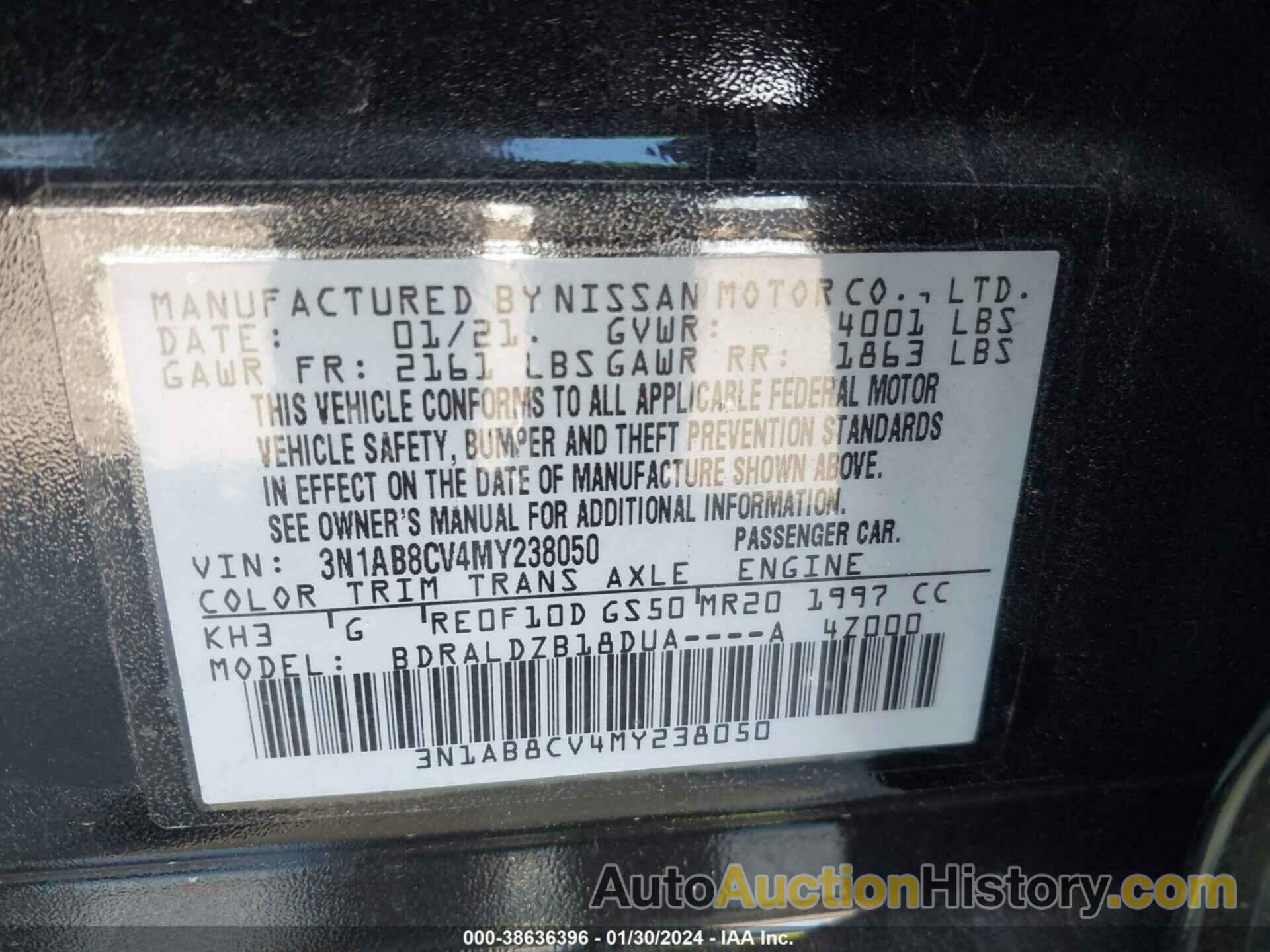 NISSAN SENTRA SV XTRONIC CVT, 3N1AB8CV4MY238050