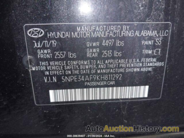 HYUNDAI SONATA SEL, 5NPE34AF9KH811292