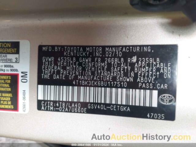 TOYOTA CAMRY XLE V6, 4T1BK3EK6BU117510