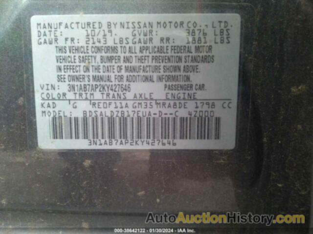 NISSAN SENTRA SV, 3N1AB7AP2KY427646