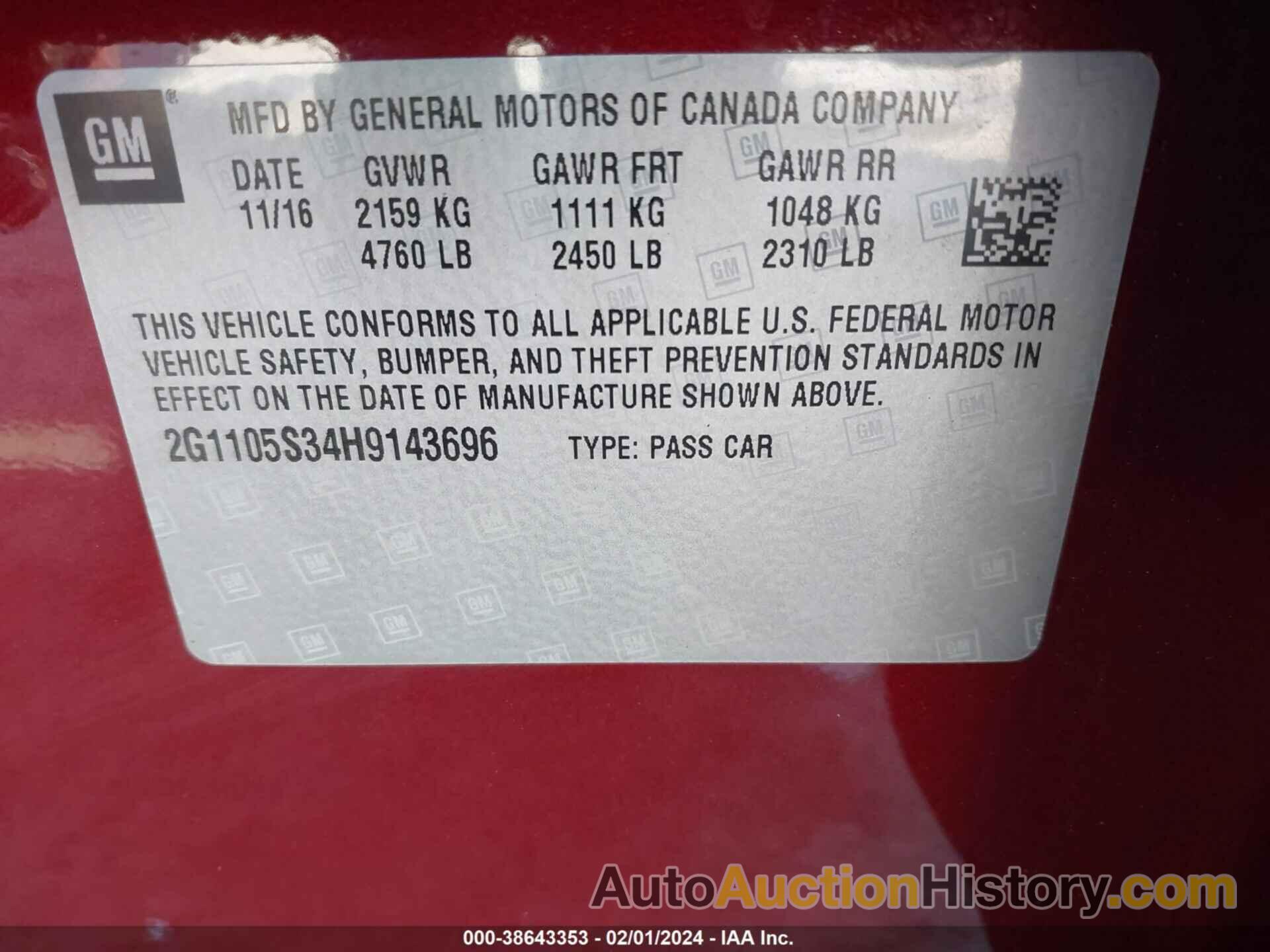 CHEVROLET IMPALA LT, 2G1105S34H9143696