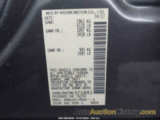 NISSAN ALTIMA SV FWD, 1N4BL4DV7NN371881