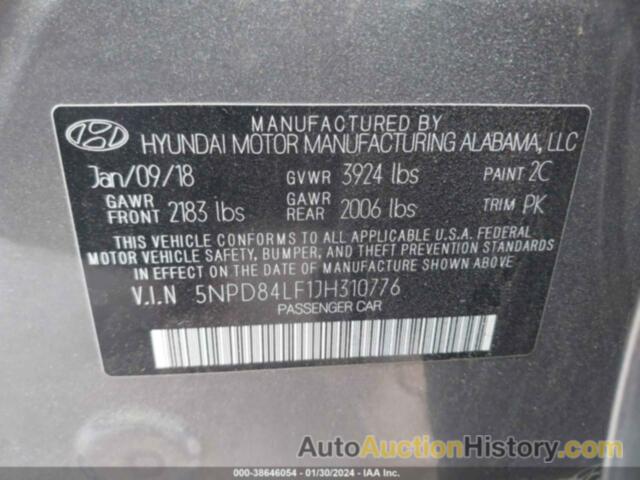 HYUNDAI ELANTRA SEL, 5NPD84LF1JH310776