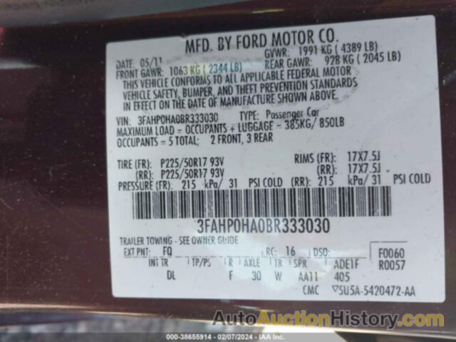 FORD FUSION SE, 3FAHP0HA0BR333030