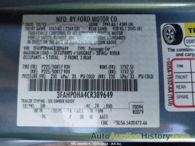 FORD FUSION SE, 3FAHP0HA4CR389649