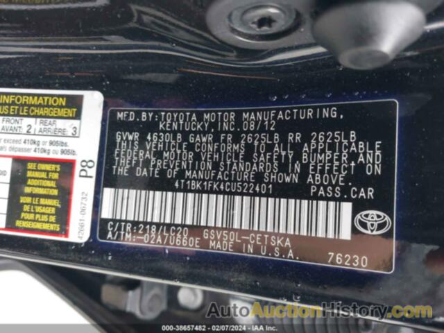 TOYOTA CAMRY SE V6, 4T1BK1FK4CU522401