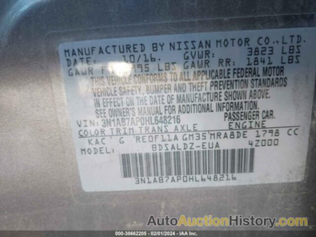 NISSAN SENTRA SV, 3N1AB7AP0HL648216