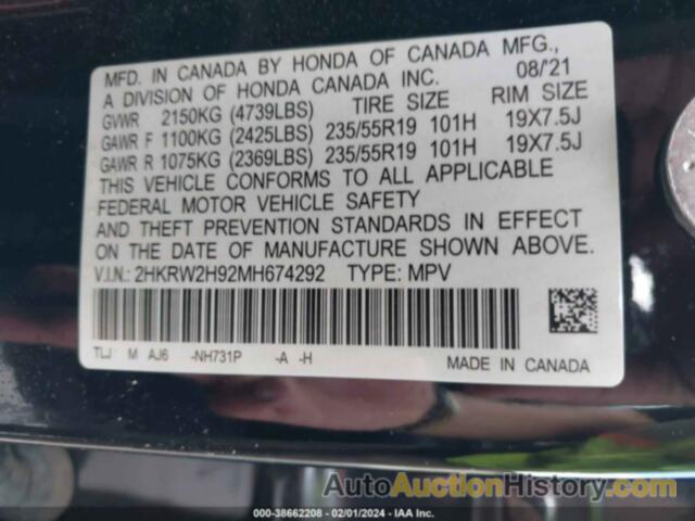 HONDA CR-V AWD TOURING, 2HKRW2H92MH674292