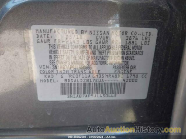 NISSAN SENTRA SV, 3N1AB7AP9JL650665