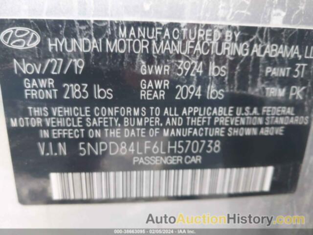 HYUNDAI ELANTRA SEL, 5NPD84LF6LH570738