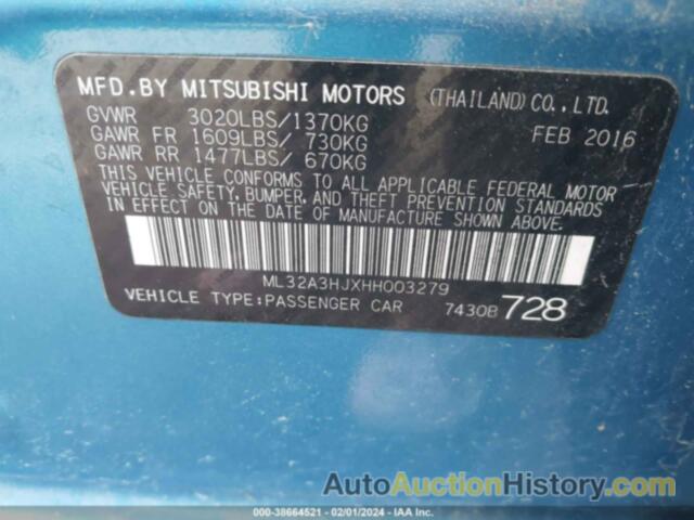 MITSUBISHI MIRAGE ES, ML32A3HJXHH003279