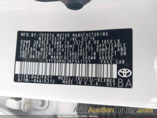 TOYOTA COROLLA LE, 5YFBURHE3KP941761