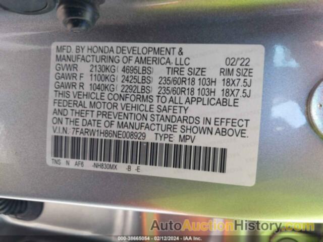 HONDA CR-V 2WD EX-L, 7FARW1H86NE008929