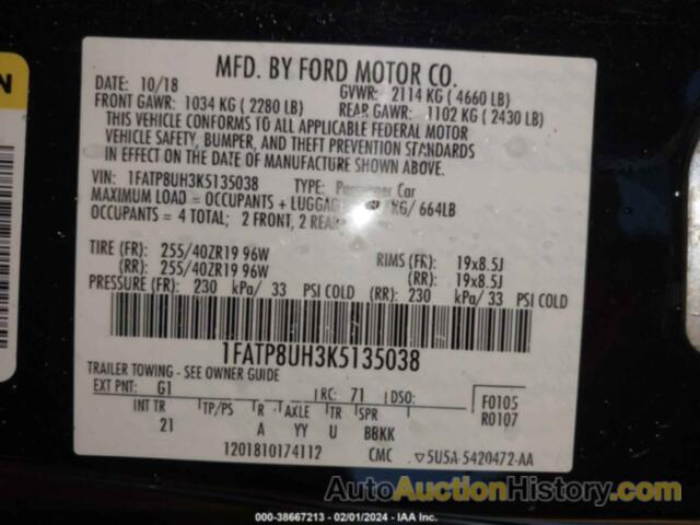 FORD MUSTANG ECOBOOST, 1FATP8UH3K5135038