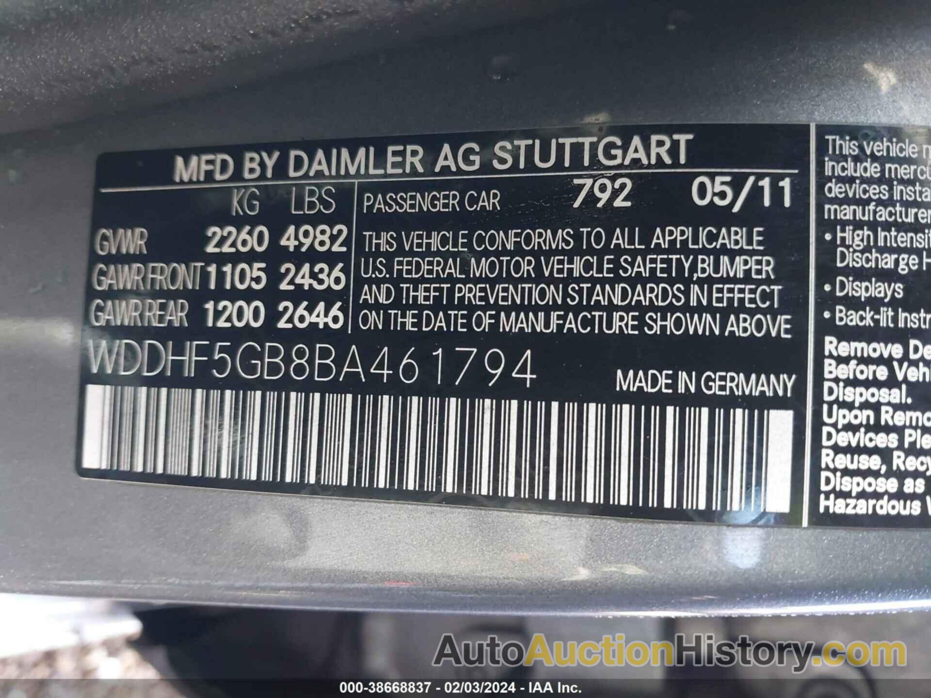 MERCEDES-BENZ E 350, WDDHF5GB8BA461794