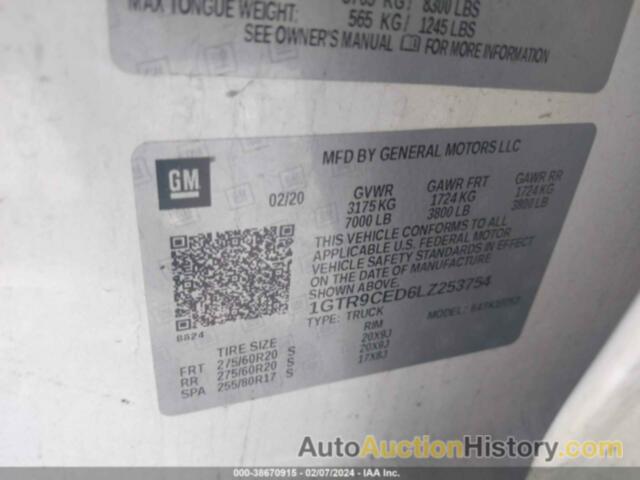 GMC SIERRA 1500 4WD  STANDARD BOX ELEVATION, 1GTR9CED6LZ253754