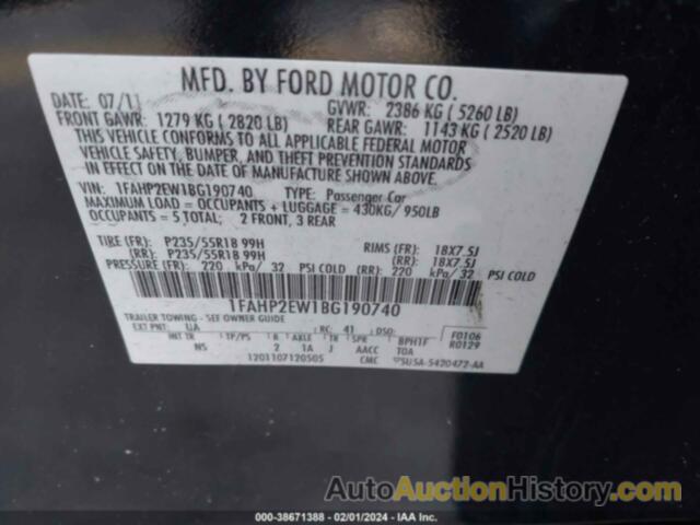 FORD TAURUS SEL, 1FAHP2EW1BG190740