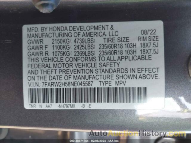 HONDA CR-V AWD EX, 7FARW2H58NE045587