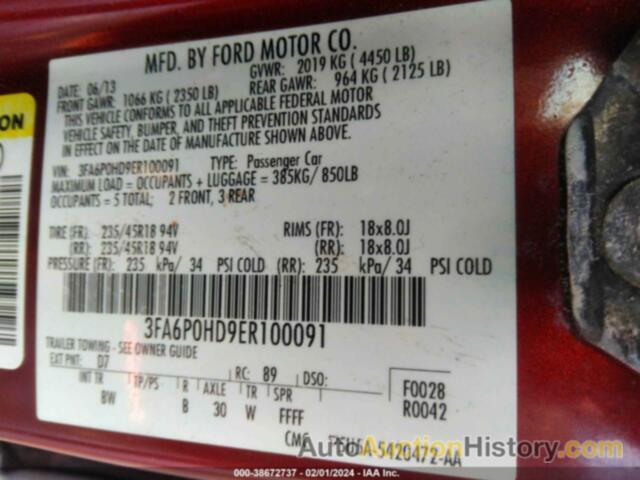 FORD FUSION SE, 3FA6P0HD9ER100091