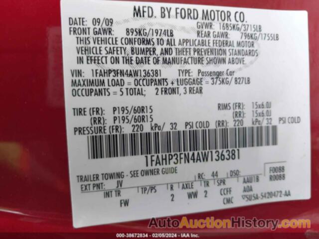 FORD FOCUS SE, 1FAHP3FN4AW136381