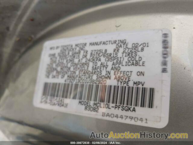 TOYOTA SIENNA XLE, 4T3ZF13C01U382920