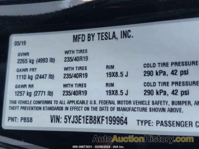 TESLA MODEL 3 LONG RANGE/PERFORMANCE, 5YJ3E1EB8KF199964