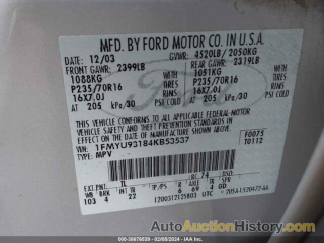 FORD ESCAPE XLT, 1FMYU93184KB53537