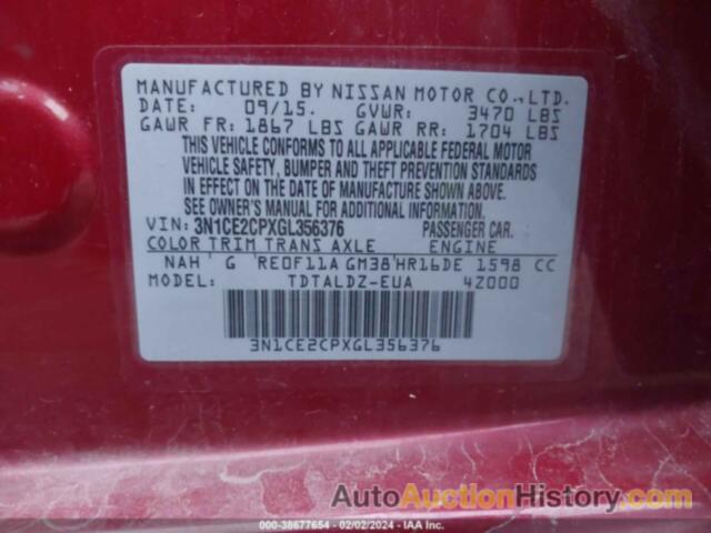 NISSAN VERSA NOTE S (SR)/S PLUS/SL/SR/SV, 3N1CE2CPXGL356376