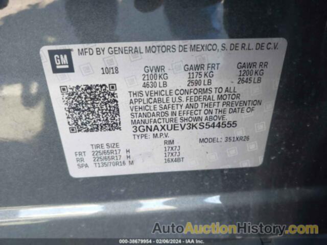 CHEVROLET EQUINOX LT, 3GNAXUEV3KS544555