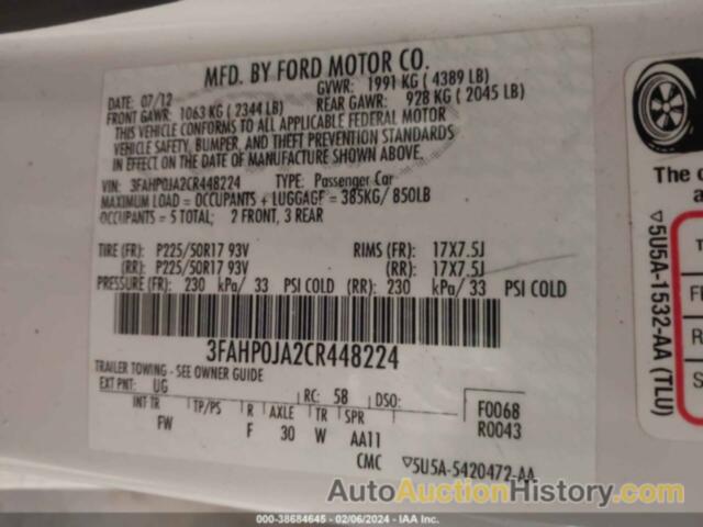 FORD FUSION SEL, 3FAHP0JA2CR448224