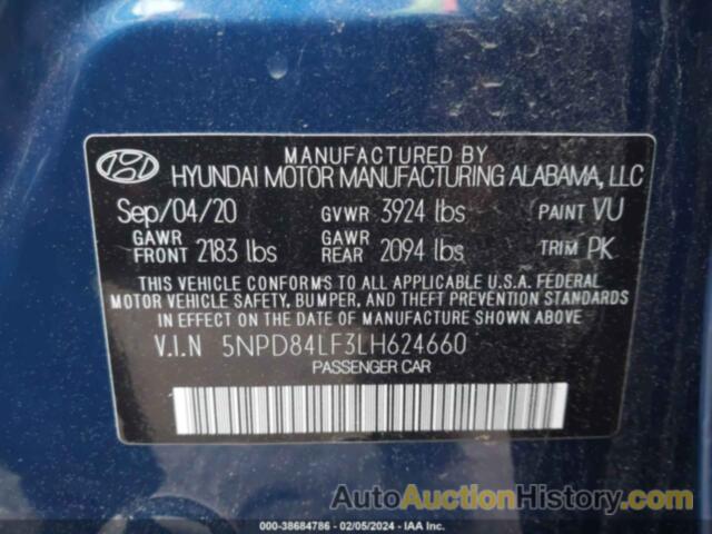 HYUNDAI ELANTRA SEL, 5NPD84LF3LH624660