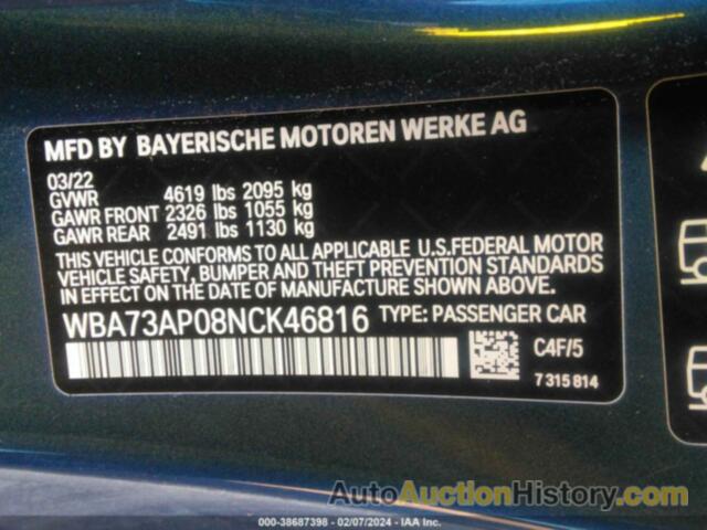 BMW 430XI, WBA73AP08NCK46816
