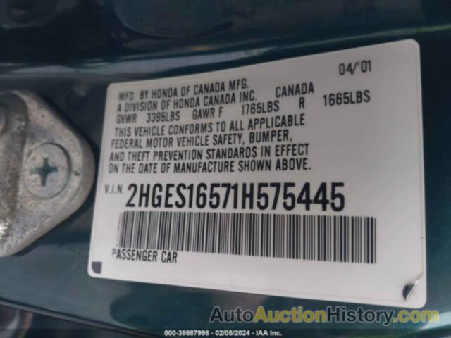 HONDA CIVIC LX, 2HGES16571H575445