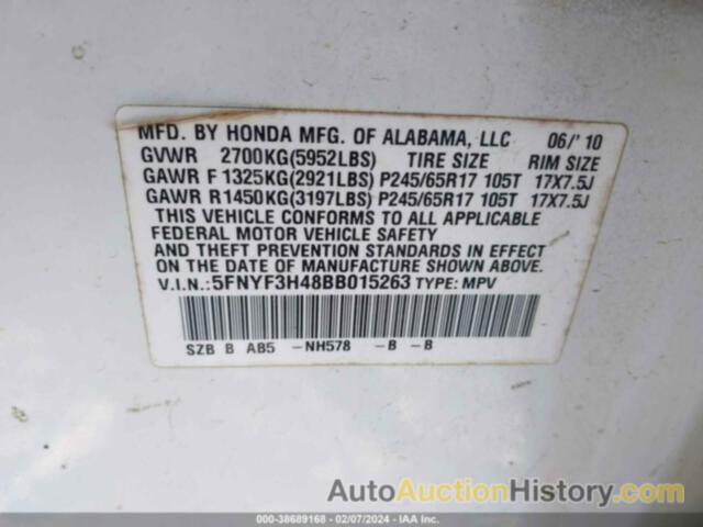 HONDA PILOT EX, 5FNYF3H48BB015263