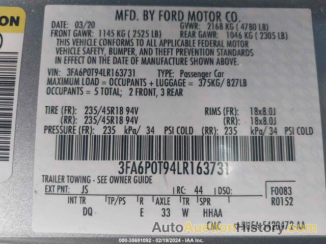 FORD FUSION SE, 3FA6P0T94LR163731