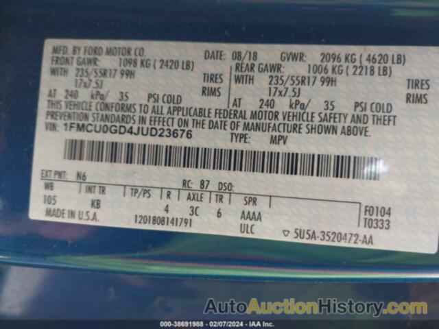 FORD ESCAPE SE, 1FMCU0GD4JUD23676