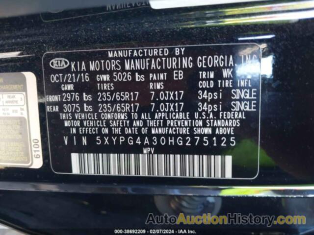 KIA SORENTO 2.4L LX, 5XYPG4A30HG275125