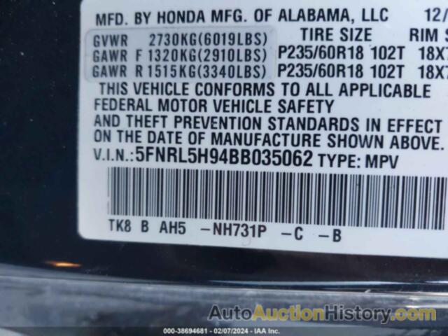 HONDA ODYSSEY TOURING/TOURING ELITE, 5FNRL5H94BB035062