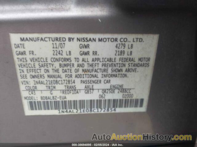 NISSAN ALTIMA 2.5 S, 1N4AL21E08C172854