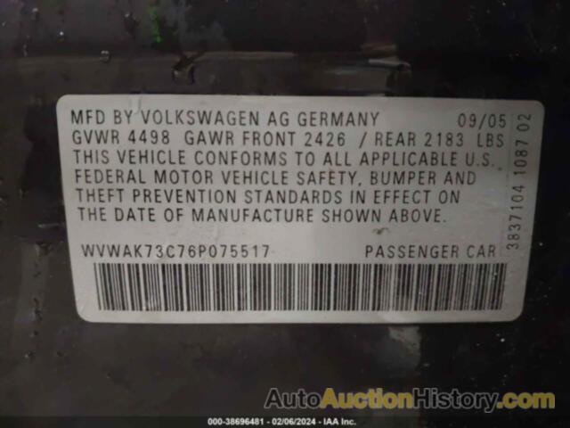 VOLKSWAGEN PASSAT 2.0T, WVWAK73C76P075517