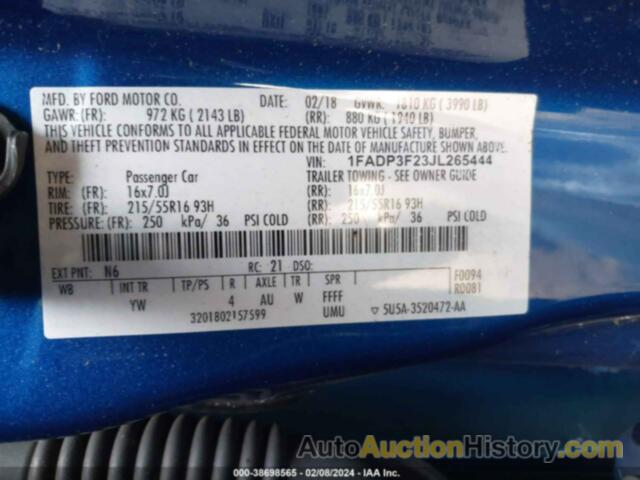 FORD FOCUS SE, 1FADP3F23JL265444