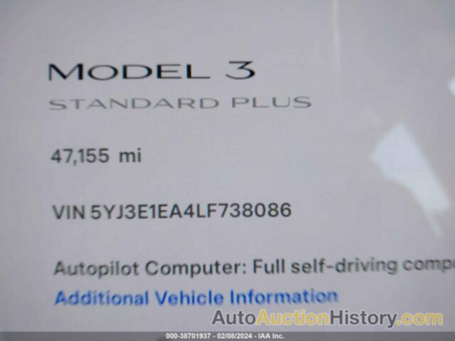 TESLA MODEL 3 STANDARD RANGE PLUS REAR-WHEEL DRIVE/STANDARD RANGE REAR-WHEEL DRIVE, 5YJ3E1EA4LF738086