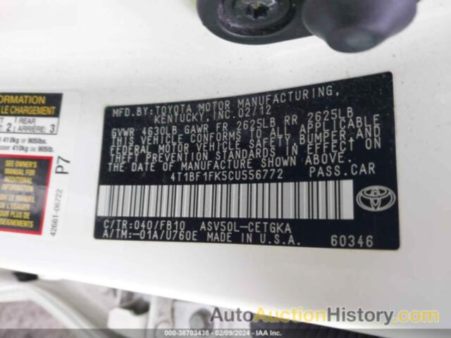 TOYOTA CAMRY XLE, 4T1BF1FK5CU556772