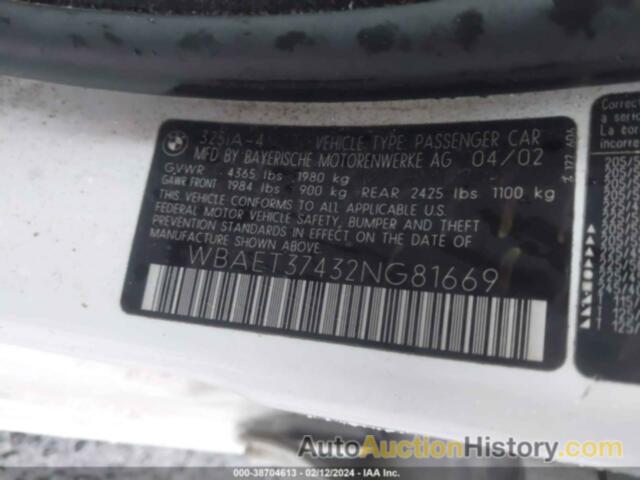 BMW 3 SERIES 325I, WBAET37432NG81669