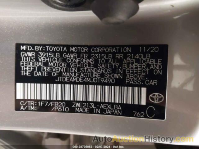 TOYOTA COROLLA HYBRID LE, JTDEAMDE4MJ019490