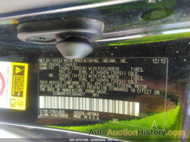 TOYOTA HIGHLANDER XLE V6, 5TDKKRFH7ES004877