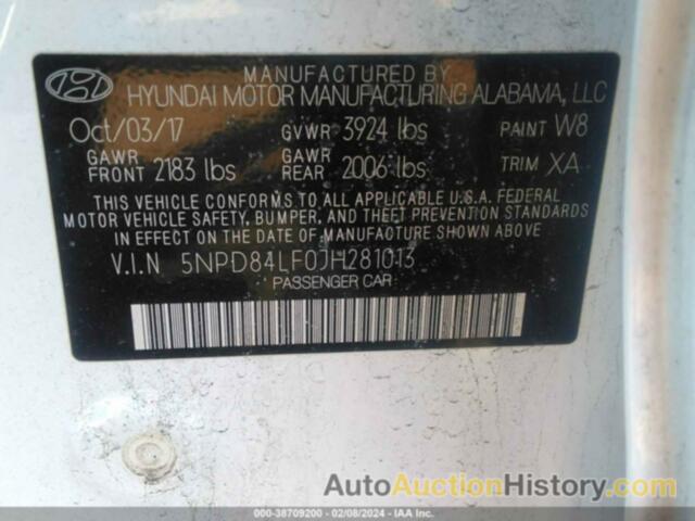 HYUNDAI ELANTRA SEL, 5NPD84LF0JH281013