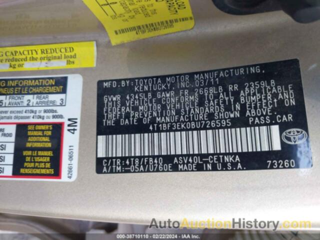 TOYOTA CAMRY LE, 4T1BF3EK0BU726595