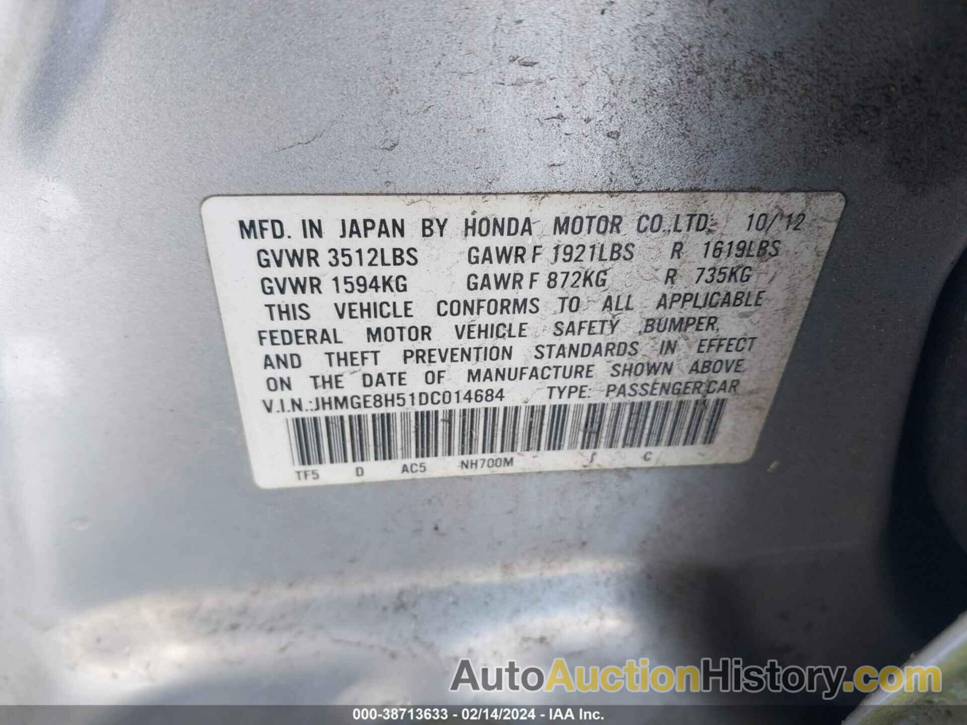 HONDA FIT SPORT, JHMGE8H51DC014684