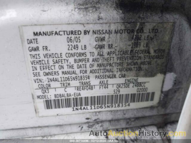 NISSAN ALTIMA S/SL, 1N4AL11D65N918354